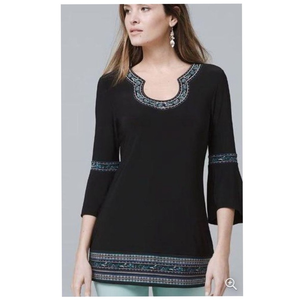 White House Black Market WHBM Petite Bell Sleeve Matte Jersey Embroidered
